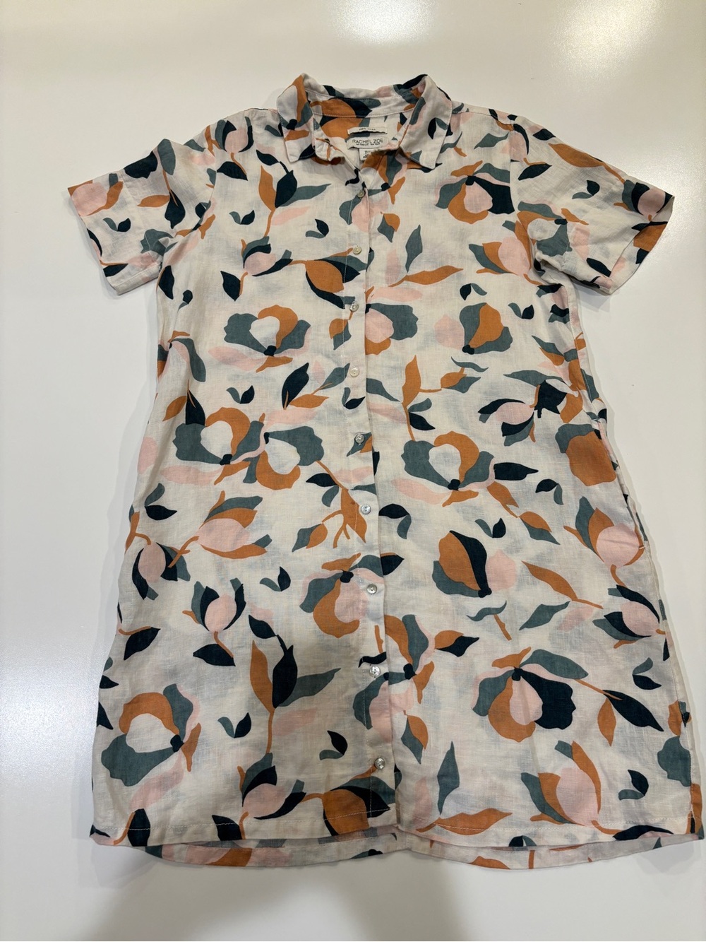 Rachel Zoe Linen Button-Front Floral Shirt Dress in Peach Teal 100 Linen